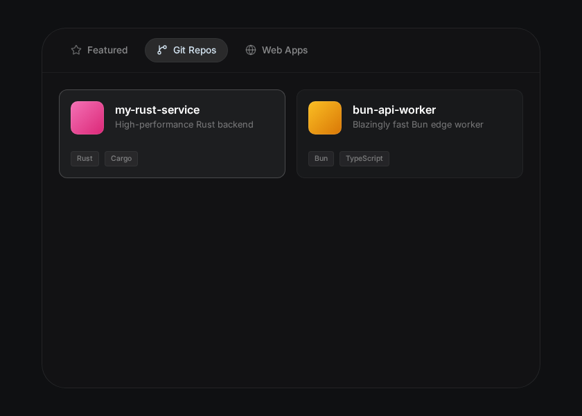 The ODAC Launcher with the Git Repos tab selected showing Rust and Bun services.