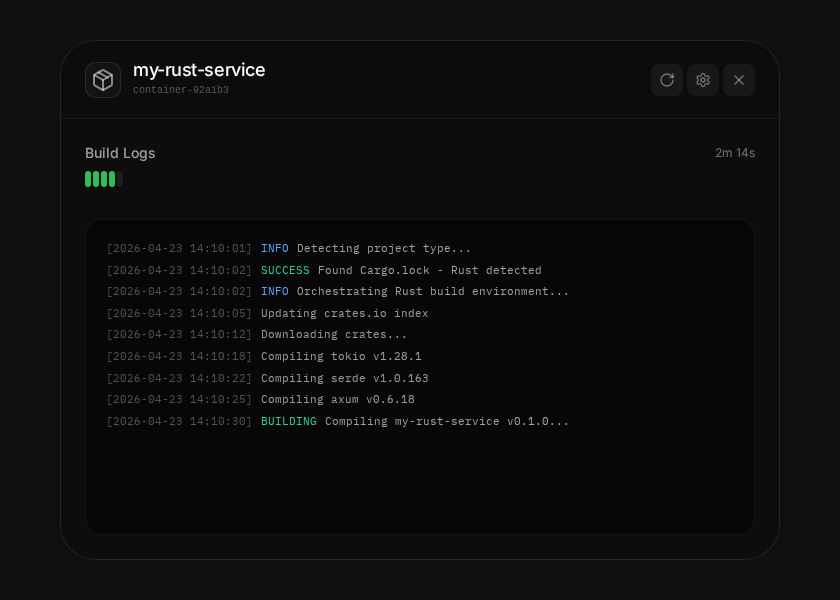 The build logs in the Inspector drawer showing Rust build detection.
