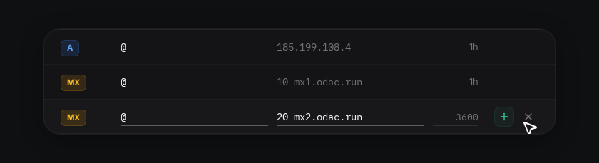 Inline DNS record draft row with inputs filled